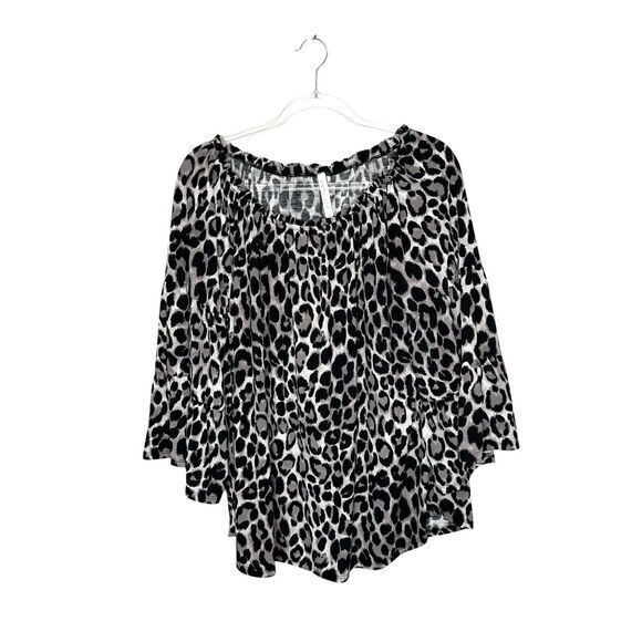 Dear Scarlett Leopard Off Shoulder Bell Sleeve Peasant Top Lightweight Stretch L - Picture 8 of 9